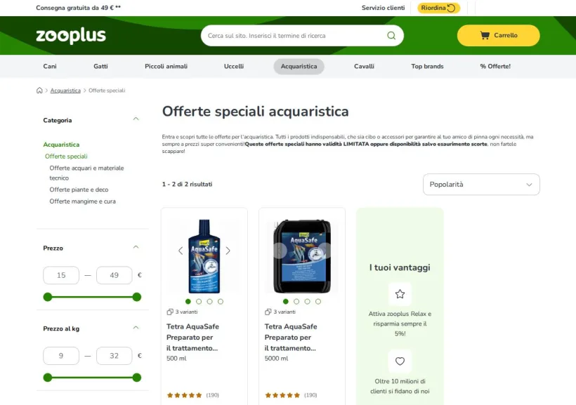 Schermata della pagina offerta di Zooplus