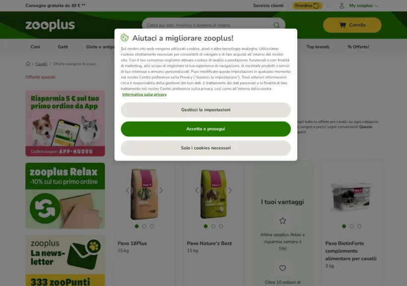 Schermata della pagina offerta di Zooplus