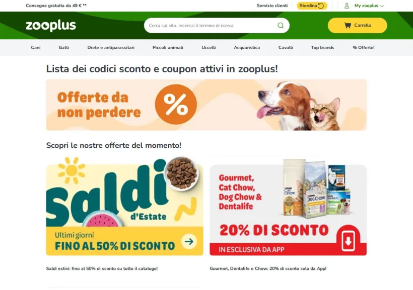 Schermata della pagina offerta di Zooplus