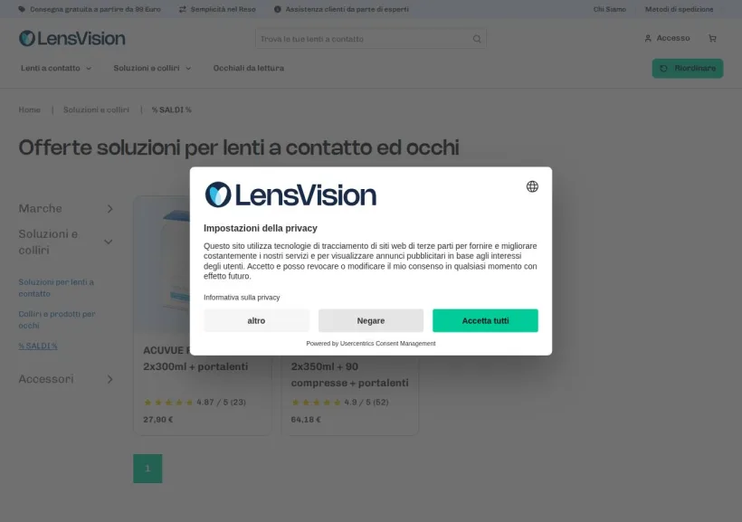 Schermata della pagina offerta di Lensvision