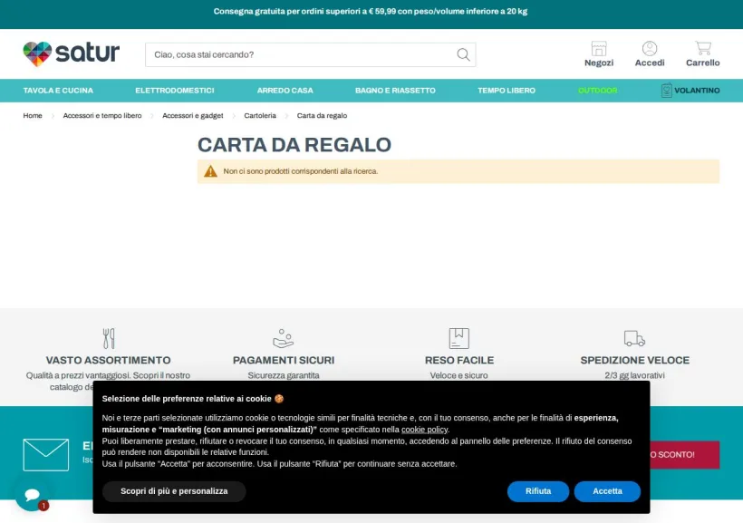 Schermata della pagina offerta di Satur