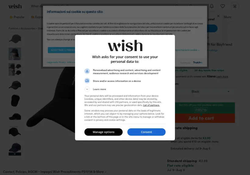 Schermata della pagina offerta di Wish