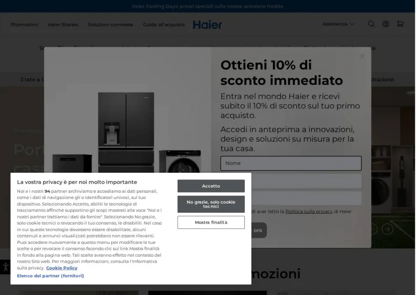 Schermata della pagina offerta di Haier 