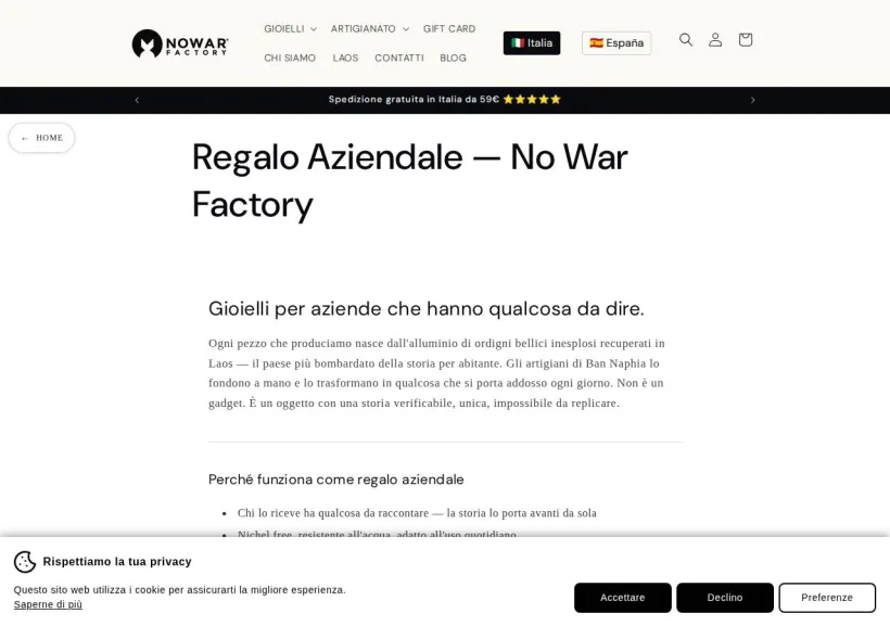 Schermata della pagina offerta di No War Factory