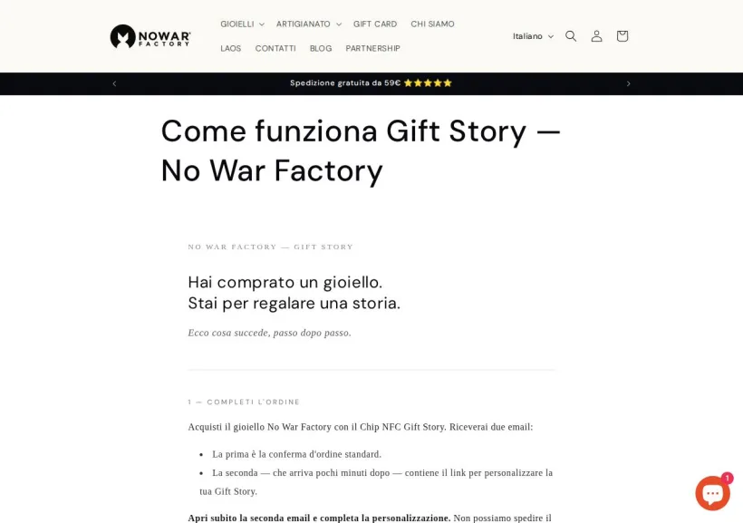 Schermata della pagina offerta di No War Factory