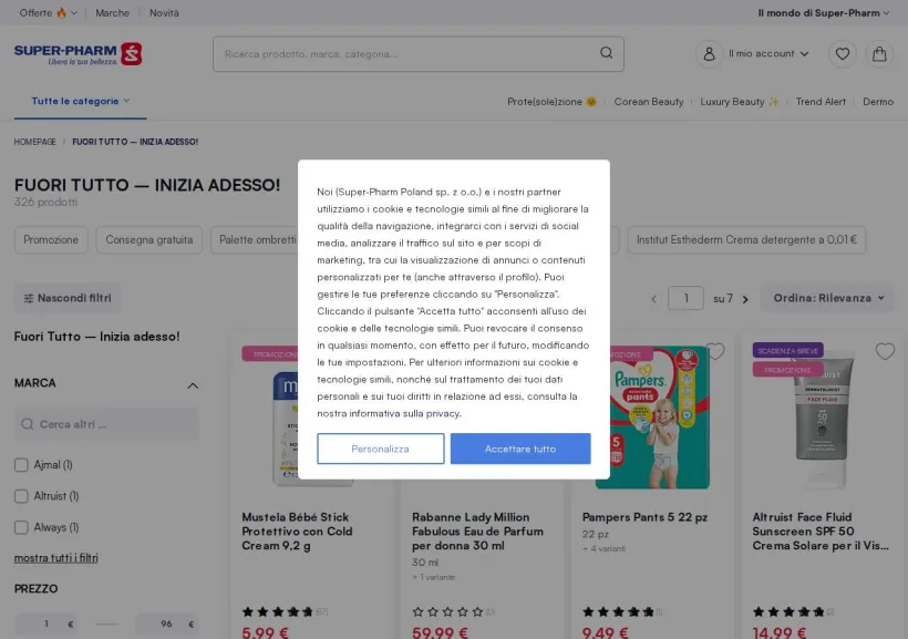 Schermata della pagina offerta di Super-Pharm