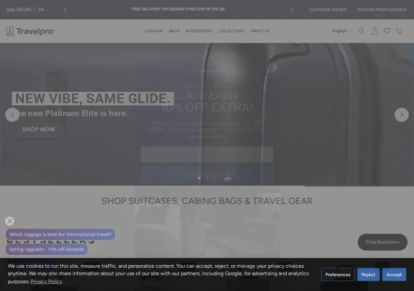 Schermata della pagina offerta di Travelpro