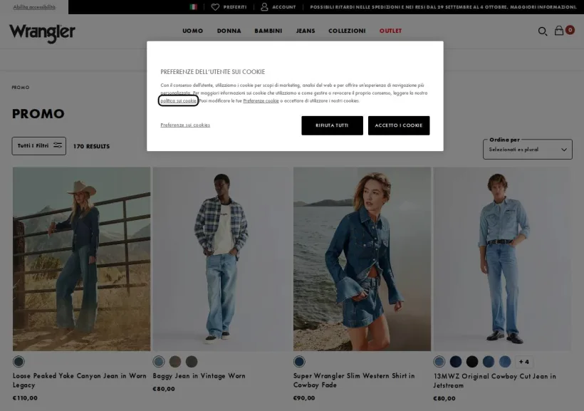 Schermata della pagina offerta di Wrangler