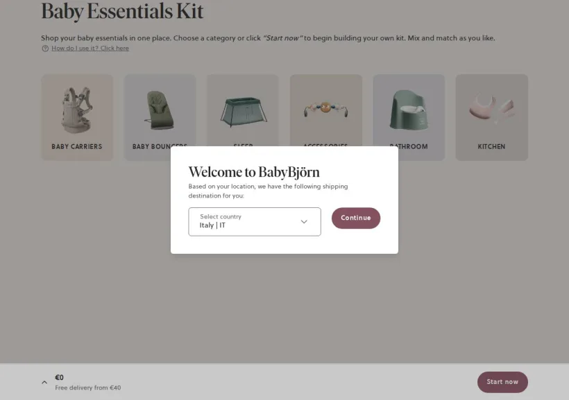 Schermata della pagina offerta di BabyBjörn
