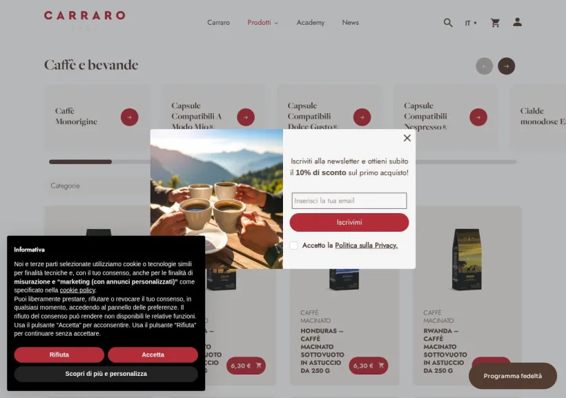 Schermata della pagina offerta di Caffè Carraro