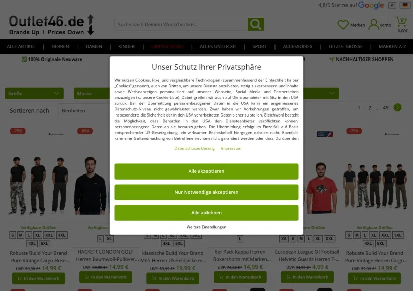 Schermata della pagina offerta di Outlet46