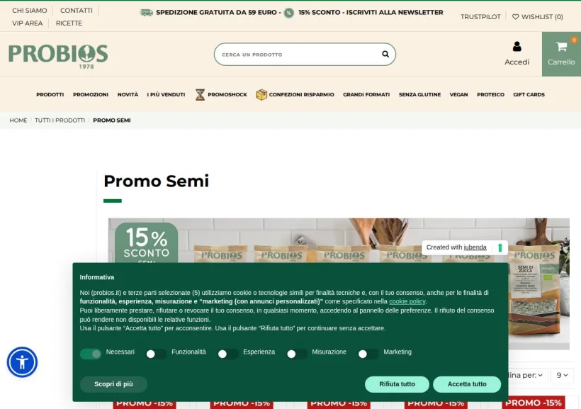 Schermata della pagina offerta di Probios