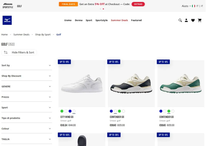 Schermata della pagina offerta di Mizuno