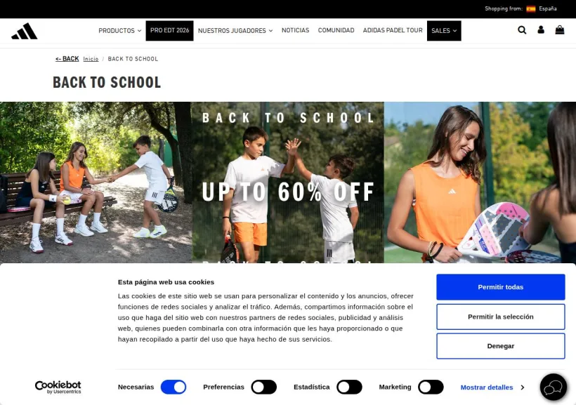 Schermata della pagina offerta di adidas Padel