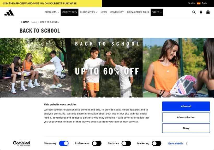 Schermata della pagina offerta di adidas Padel