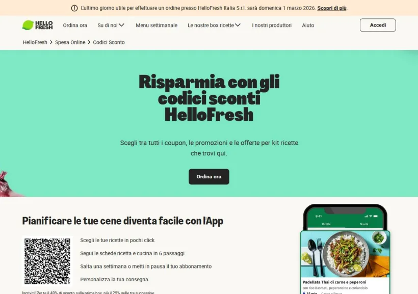 Schermata della pagina offerta di HelloFresh