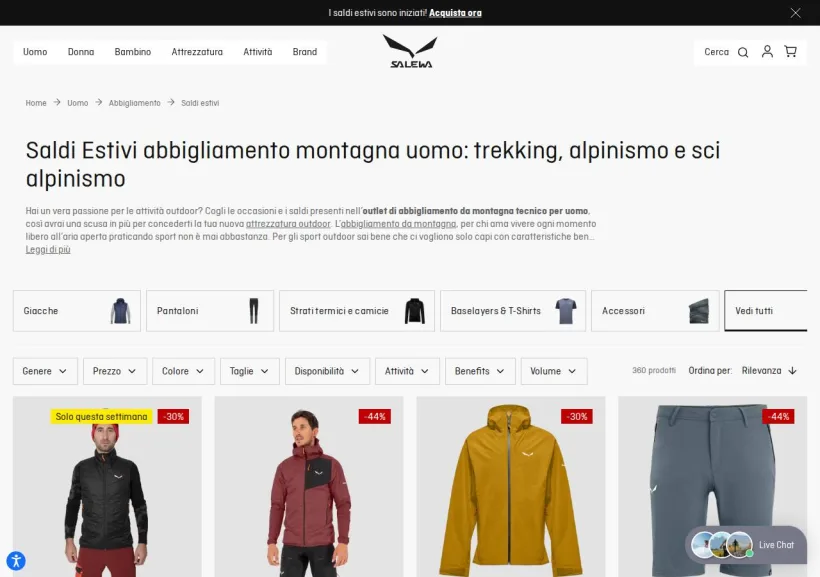 Schermata della pagina offerta di Salewa