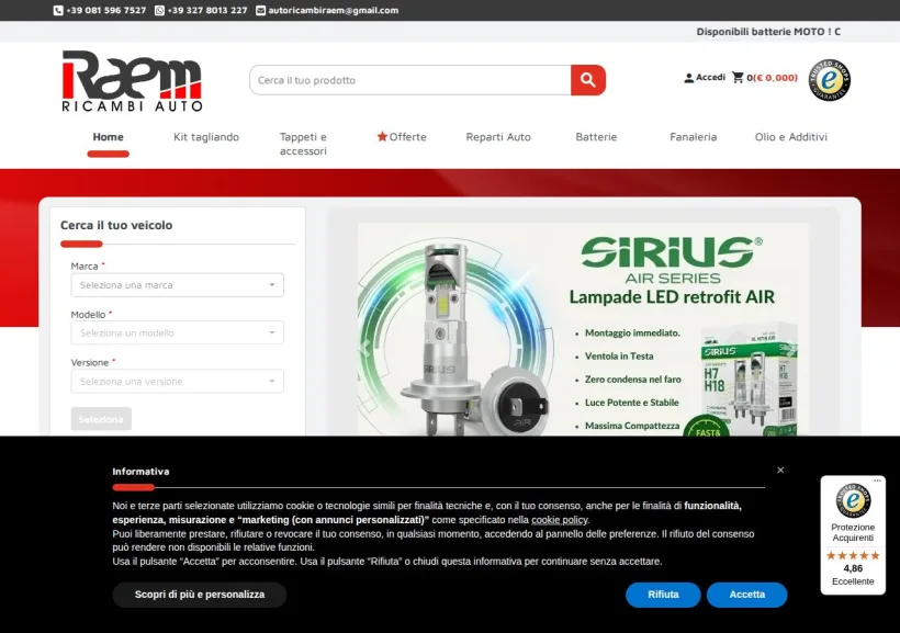 Schermata della pagina offerta di Raem Ricambi