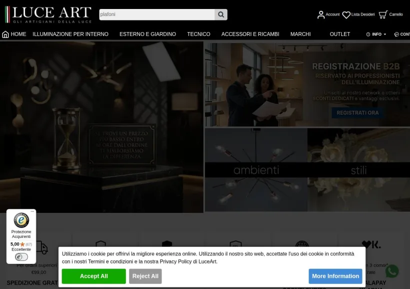 Schermata della pagina offerta di Luce Art