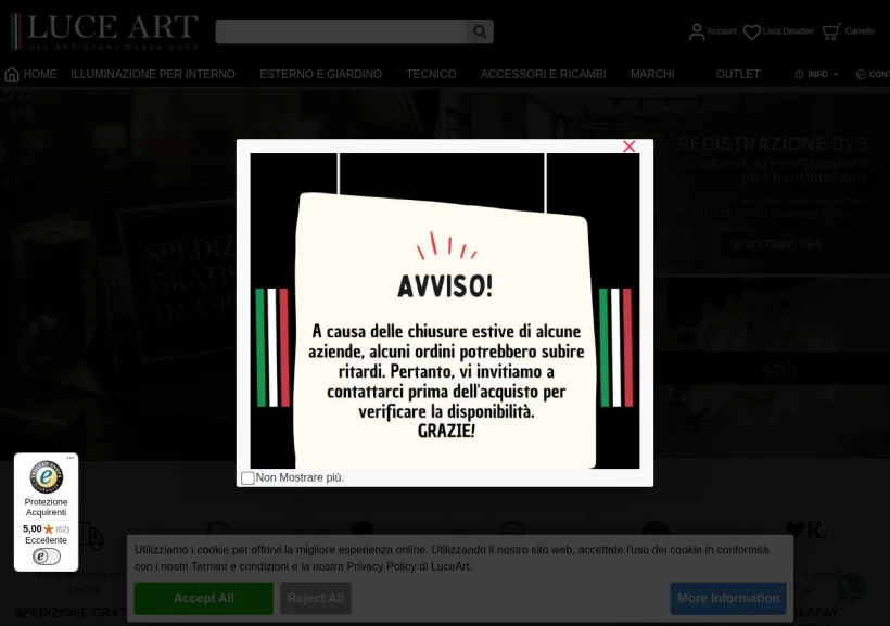 Schermata della pagina offerta di Luce Art