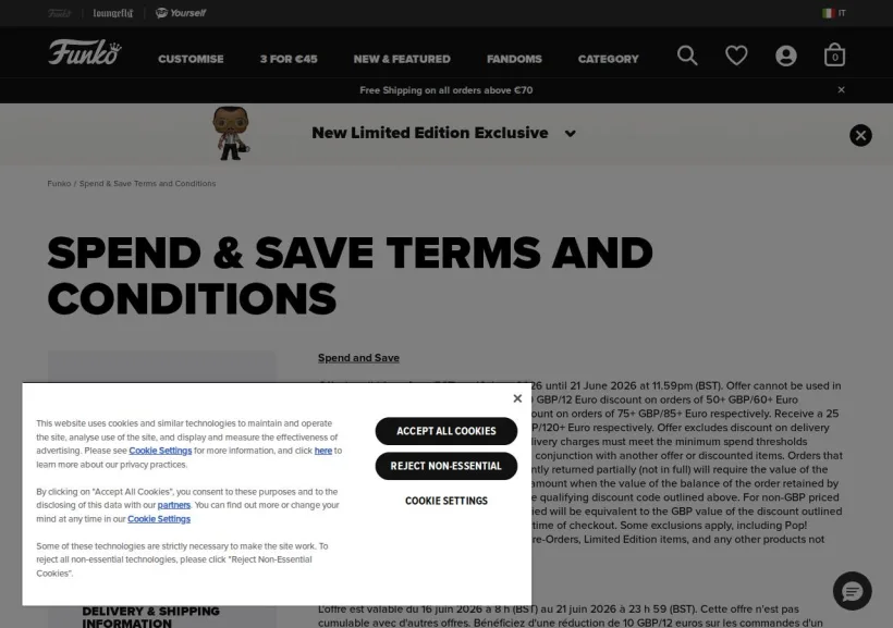 Schermata della pagina offerta di Funko