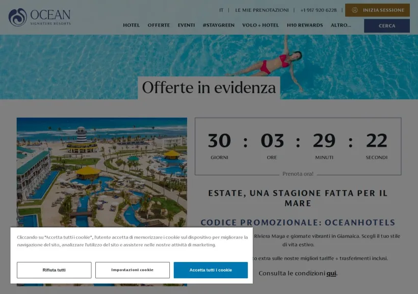Schermata della pagina offerta di Ocean Hotels