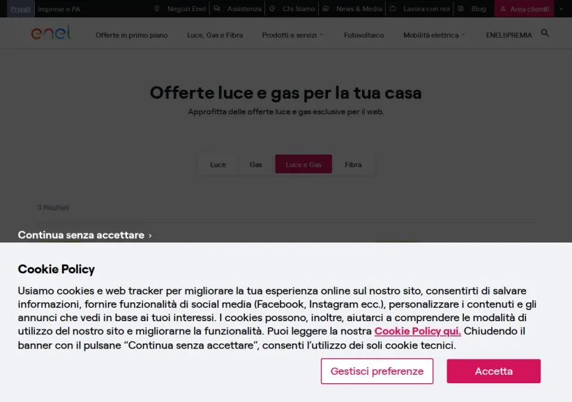 Schermata della pagina offerta di ENEL 2023