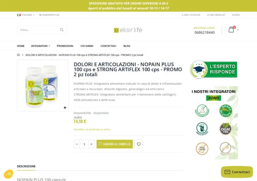 Schermata della pagina offerta di Elisir Life