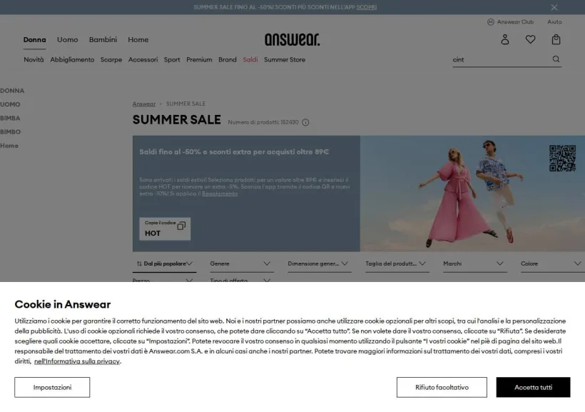 Schermata della pagina offerta di Answear
