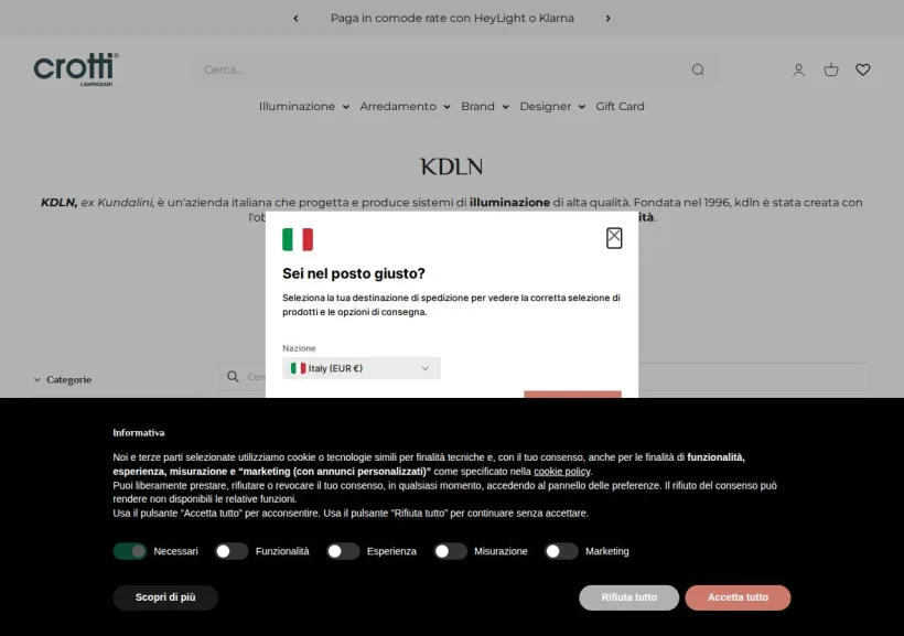 Schermata della pagina offerta di Crotti Lampadari