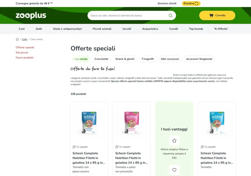 Schermata della pagina offerta di Zooplus