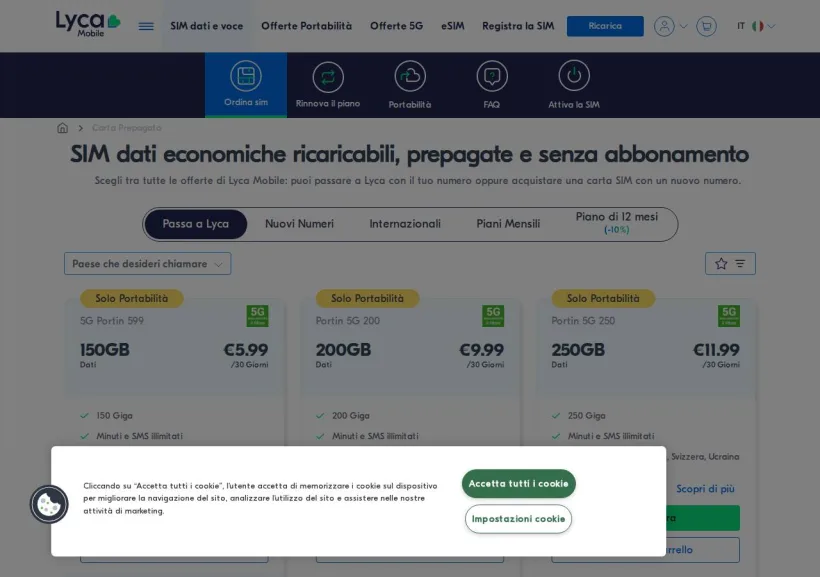 Schermata della pagina offerta di Lycamobile