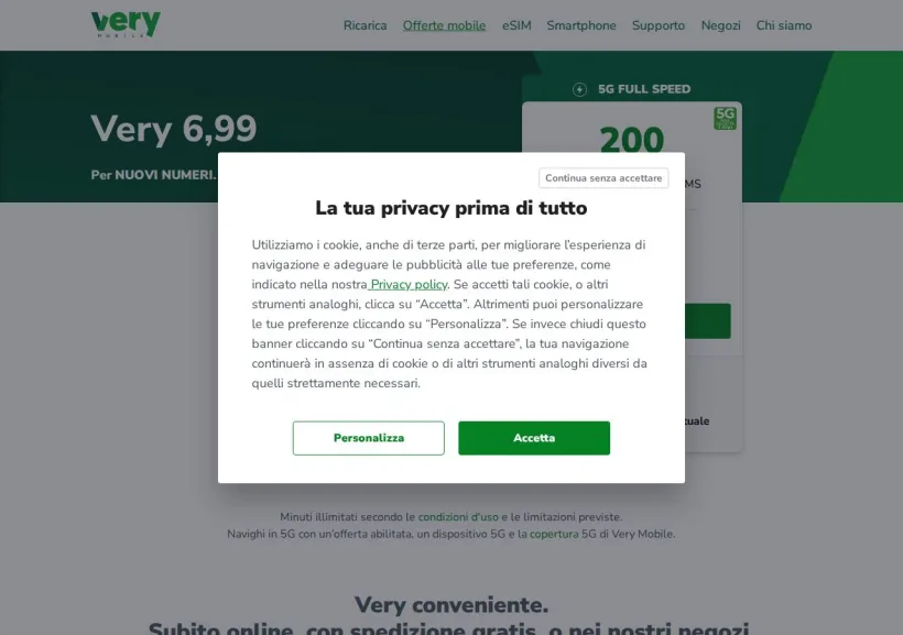 Schermata della pagina offerta di Very mobile