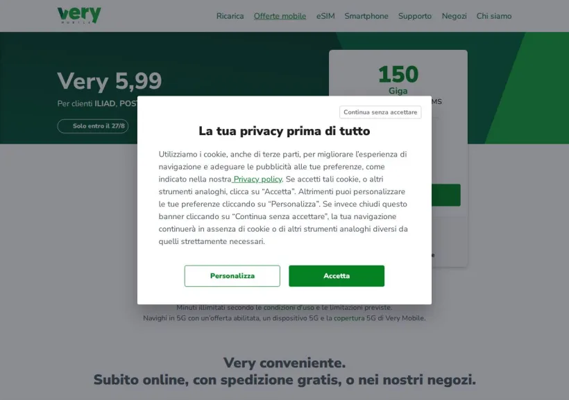 Schermata della pagina offerta di Very mobile