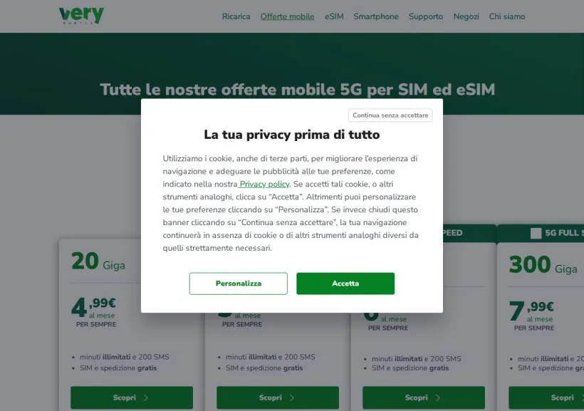 Schermata della pagina offerta di Very mobile