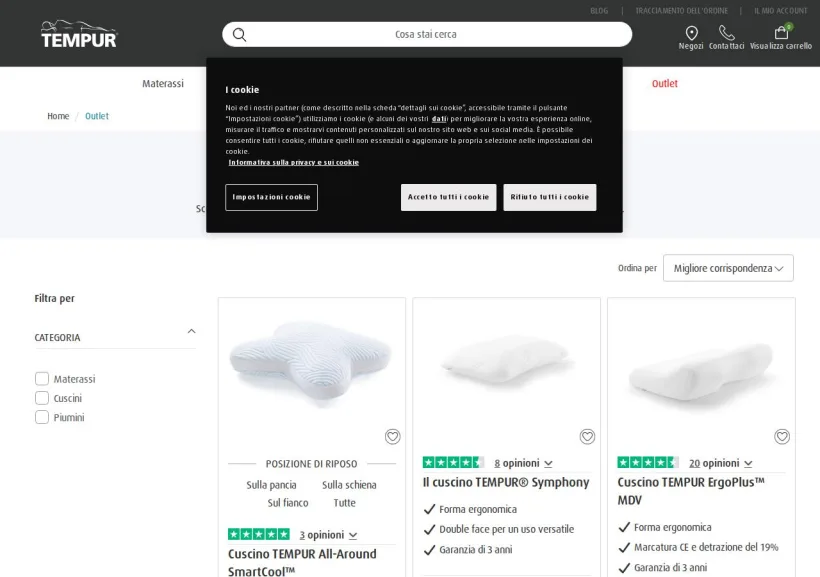 Schermata della pagina offerta di Tempur