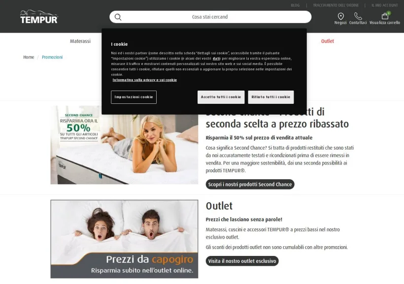 Schermata della pagina offerta di Tempur