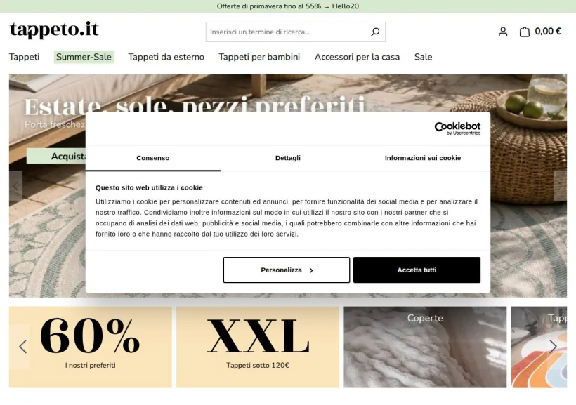 Schermata della pagina offerta di tappeto.it