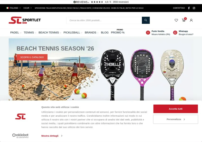 Schermata della pagina offerta di SPORTLET - Sport di racchetta