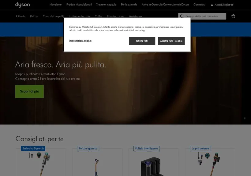 Schermata della pagina offerta di Dyson