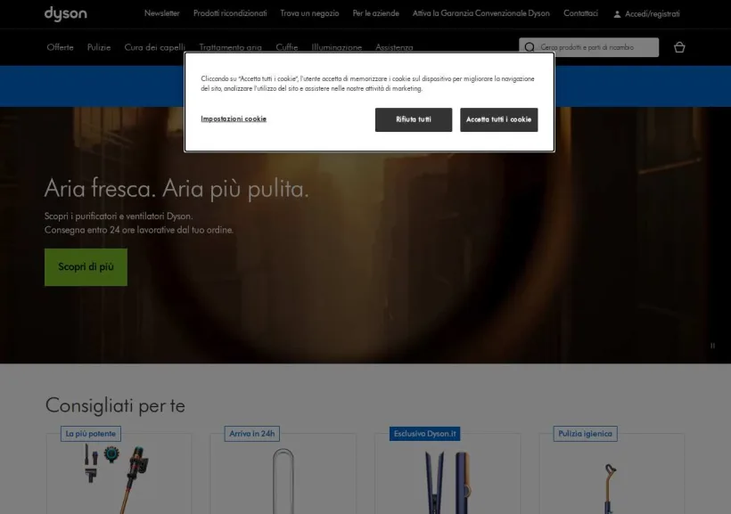Schermata della pagina offerta di Dyson
