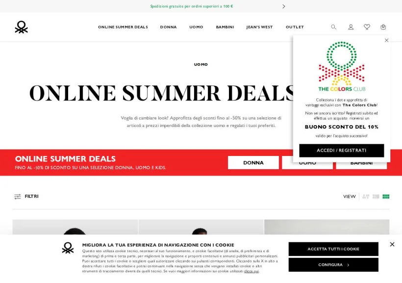 Schermata della pagina offerta di Benetton 