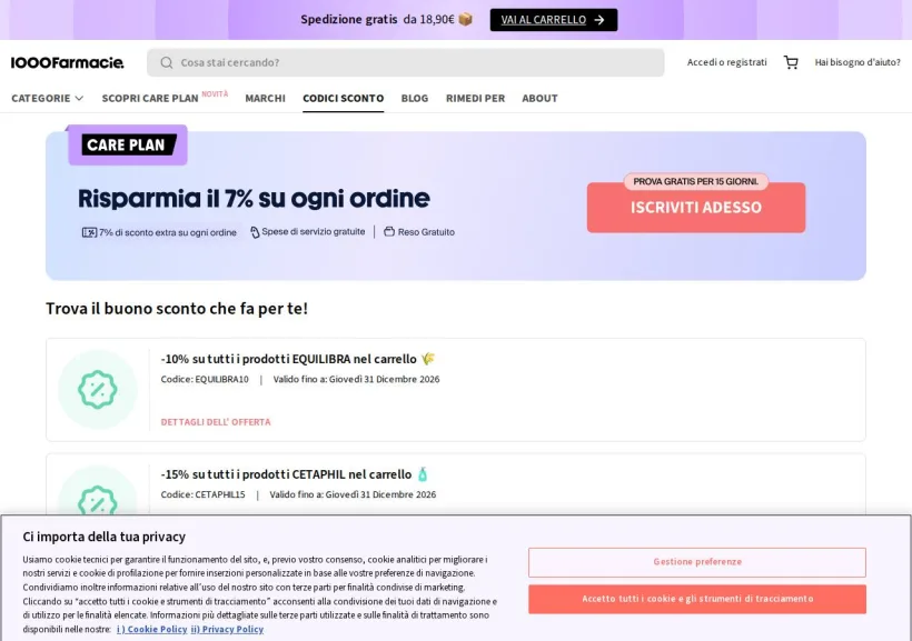 Schermata della pagina offerta di 1000Farmacie