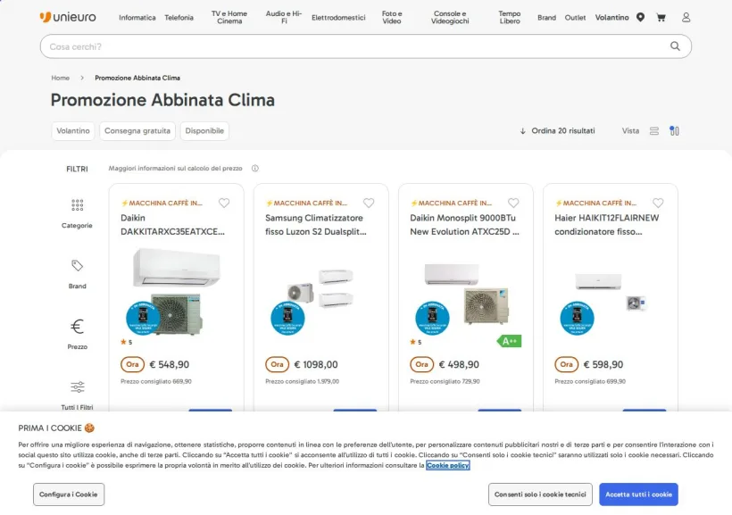 Schermata della pagina offerta di Unieuro
