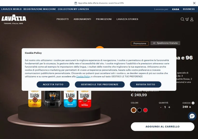 Schermata della pagina offerta di Lavazza