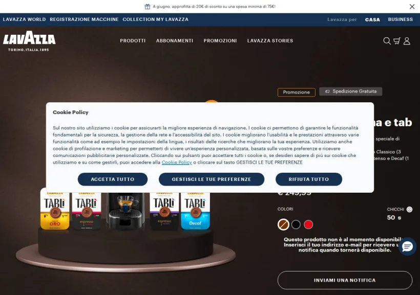Schermata della pagina offerta di Lavazza