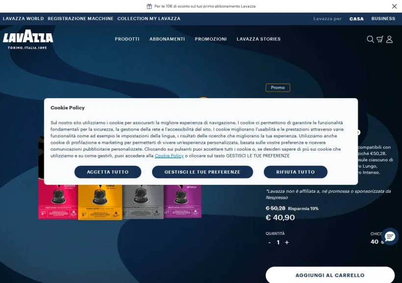 Schermata della pagina offerta di Lavazza