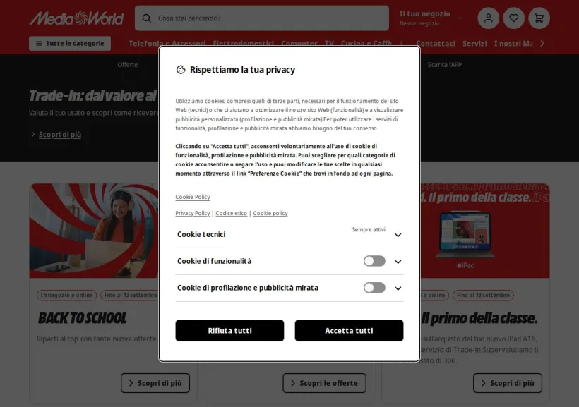 Schermata della pagina offerta di Mediaworld