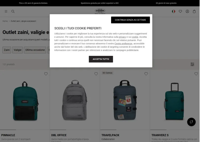 Schermata della pagina offerta di Eastpak
