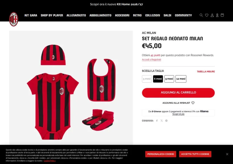 Schermata della pagina offerta di MilanStore